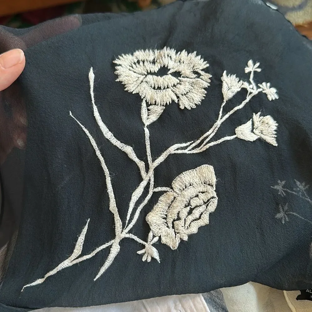 Vintage 60s Ben Goodman black & white‎ silk scarf with embroidered flowers